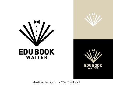 open book with waiter logo. education food restaurant symbol vector design