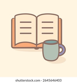 Open book and warm cup icon for cozy bedtime reading, flat vector for self-care night routine, relaxation, mental wellness, and peaceful lifestyle visuals