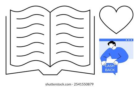 Open book with wavy lines next to a heart symbol and a man holding a cash back sign in a web browser window. Ideal for education, finance, love, online shopping, loyalty programs. Simple line art