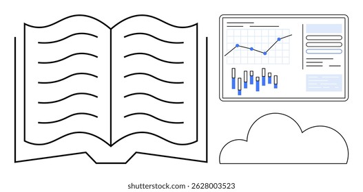 Open book with wavy lines representing text, analytics dashboard showing various charts and graphs, and a cloud. Ideal for education, data analysis, information storage, business strategy
