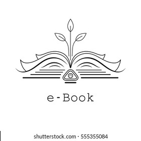 Open book, from which grows the tree. Vector logo for the e-book. Line art