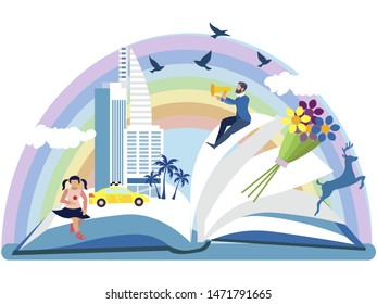 An open book from which the story is visible in the drawings. In minimalist style. Cartoon flat vector Illustration