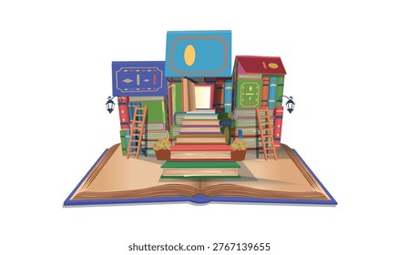 Open book with whimsical house built from colorful stacked books, forming a magical reading world. Concept of imagination, education, storytelling, and creativity. On a white background
