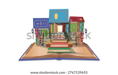 Open book with whimsical house built from colorful stacked books, forming a magical reading world. Concept of imagination, education, storytelling, and creativity. On a white background