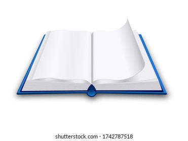 Abrir libro con páginas blancas. Vista de perspectiva. Un solo objeto aislado en un fondo blanco. Plantilla o simulación de diseño. Ilustración vectorial.
