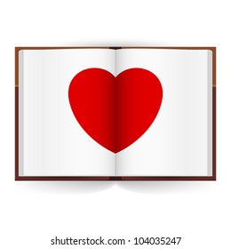 Open book with white pages and Red Heart. Illustration on white background