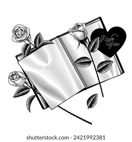 An open book with white roses and a black paper heart with the inscription I love you in retro style isolated on white. Vintage engraving stylized drawing. 
Vector illustration