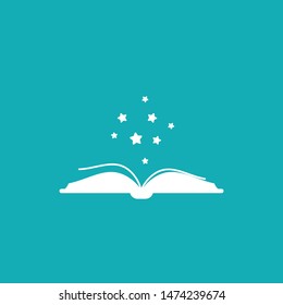 Open book with  white stars flying out.  Isolated on powder blue background. Flat icon. Vector illustration. Magic reading logo. Fairytale pictogram. Book for kids