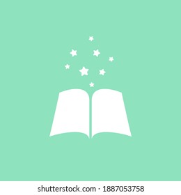 Open book with white stars flying out.  Isolated on powder blue background. Flat icon. Vector illustration. Magic reading logo. Fairytale, imagination concept. Book for kids