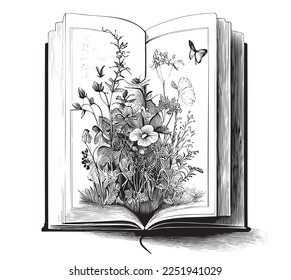 Open book with wild flowers hand drawn engraving sketch Vector illustration