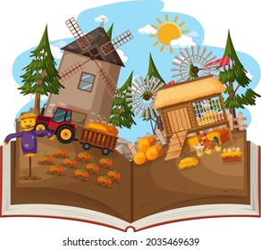 Open book with windmill in the farm scene illustration