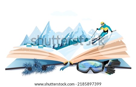 Open book, winter nature inside. Imagination, fantasy, magic in literature concept. Season fairy tale, storybook, textbook. Skier, mountain landscape picture, face protective mask. Vector