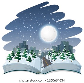 Ilustración del tema de la noche de invierno del libro abierto