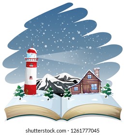 Open book winter theme illustration