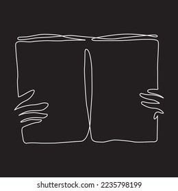 An open book. Woman holding book in hands. Black and white. Black background. One line drawing.
