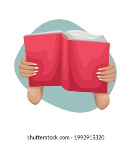 An open book in a woman's hands. A person reads a hardcover book.