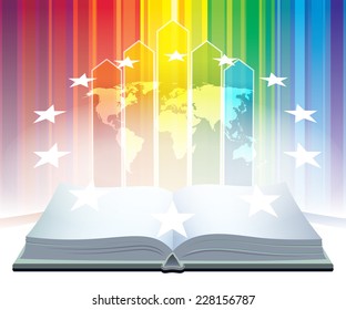 Open book and world map with stars over a colorful background