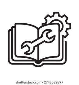 Open book with wrench and gears representing technical knowledge or repair manual