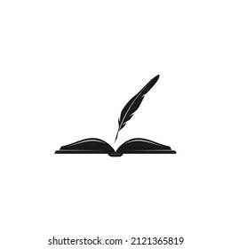 Open Book With Writing Quill. Flat Icon Isolated On White Background.  Vector Illustration. Creative, Imagination, Fantasy Symbol. Poetry, Poem Or Verses Concept.