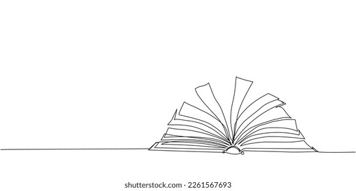Open book Y shaped, notebook, journal one line art. Continuous line drawing of book, library, education, school, study, literature, paper, textbook, knowledge, read, learn, page, reading.