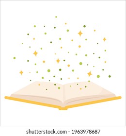 Open book with yellow cover and white pages without pictures. Stars and circles above book. Kids imagination. Magic fairy dust falling. Vector 10 eps