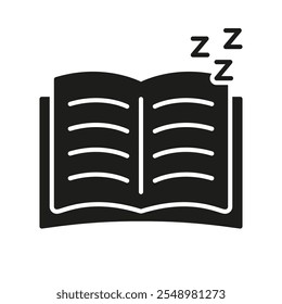 Libro abierto con el icono de la silueta de ZZZ. Leer antes de dormir símbolo de glifo. Lectura de cuentos a la hora de dormir. Ilustración vectorial aislada.