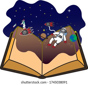 
open books, background space, school, reading and learning, images of imagination and inspiration. Fantasy and creative, flat vector illustration. suitable for children's book covers, digital printin