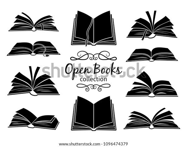 本の黒いシルエットを開く 白い背景に図書館のロゴまたは教育用シンボルの本の読みアイコンベクターイラスト のベクター画像素材 ロイヤリティフリー