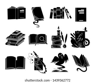 Open books black silhouettes. Fairy tale book reading icons vector illustration isolated on white for library logo or education symbol.