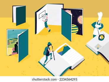 open books concept of people reading books, knowledge and creative imagination in abstract fantasy fairytale literature world, experience and wisdom from books. vector illustration background.