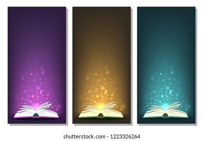 Open books with different colors magic lights. Perfect banners for fantasy, fairy-tale, miracle, literature concepts . Vector illustration with place for your text.