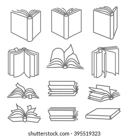Open books in different positions. Line icons.
Smartly grouped, isolated on white.
