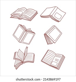 Abrir libros diferentes posiciones esbozar línea de dibujo icono vector.	