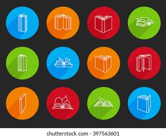 Open books in different positions. 
White line icons in color circles with long shadows. Smartly grouped.