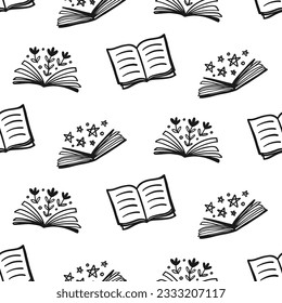 Abrir libros estilo doodle patrón sin fisuras. Leyendo fondo de concepto. Ilustración del vector