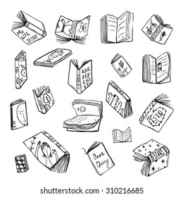 Open Books Drawing Reading Collection in Black Lines. Big set of hand drawn black and white outline literature covers illustration. 