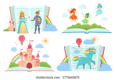 Abre libros con personajes de cuentos de hadas. El reino con el castillo, el caballero real dando rosa a la princesa. Hadas adorables volando con varas mágicas con alas. Unicornio con ilustración vectorial de arco iris