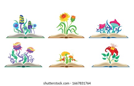 Open Books with Fancy Mushrooms and Flowers Peeped Out Vector Set