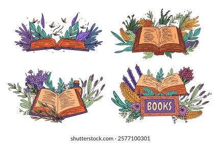 Open books with floral elements nature theme colorful plants and leaves surrounding books artistic decorative design perfect for stationery or educational materials