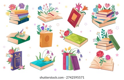 Open books with flower bouquets and spring leaves in cute cartoon style. Vector illustration with floral elements, literature stack icons and garden blooms for education design and study materials.
