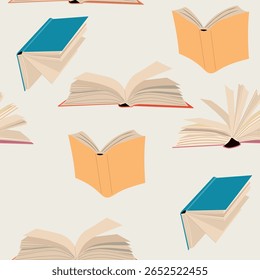 Livros abertos voando sem costura padrão. Elemento de design repetitivo para impressão em tecido. Literatura e leitura. 