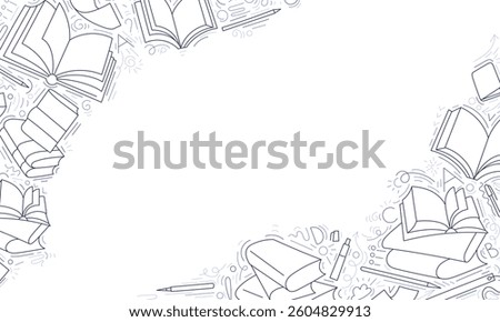 Open books. Hand drawn illustration. Vector line doodle corner design. Sketch for education, knowledge, literature to school on transparent background. Encyclopedia, story, dictionary. Editable stroke