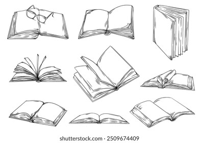 Open Books, Hand drawn Line Sketch Illustration Bundle