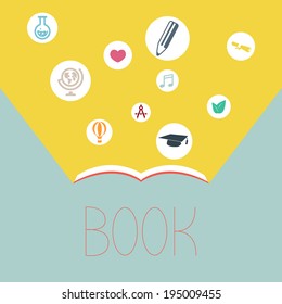 Open books and icons of science 