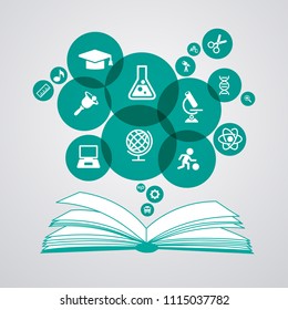 Open books and icons of science. The concept of modern education, File is saved in AI10 EPS version. This illustration contains a transparency 