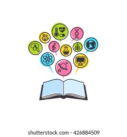 Open books and icons of science and education. The concept of modern education. 