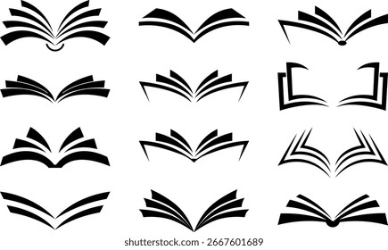 Conjunto de iconos de libros abiertos en estilo Vector | Colección de pictogramas de libros en blanco y negro para la Educación, la Biblioteca y el diseño de la industria editorial