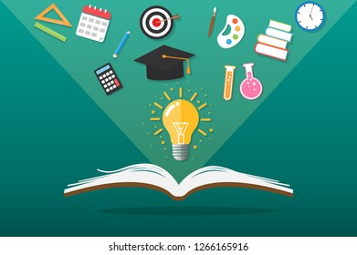 Open books for knowledge and ideas for learning and work. Flying book with light bulbs. Background concept about education. Knowledge is light. Vector illustrations in flat design. 