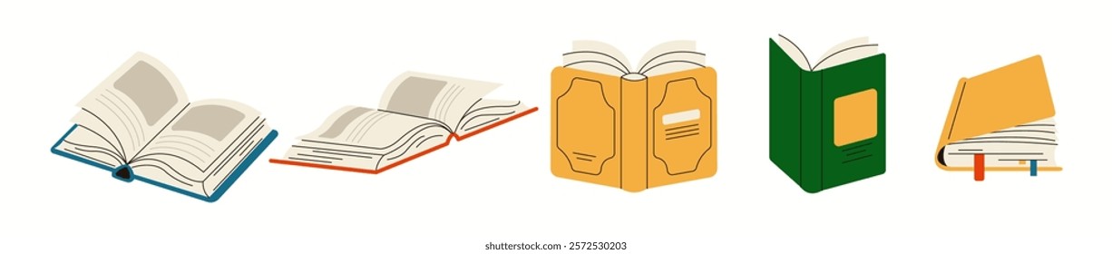 Open books for learning and rest flat color vector objects set. Different literature works reading illustrations bundle on white background