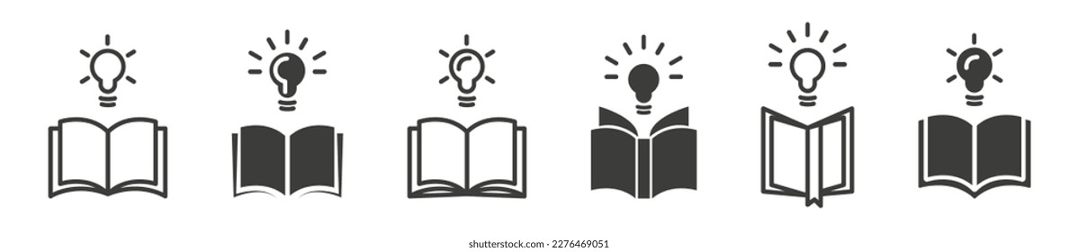 Offene Bücher mit Glühbirne. Wissenskonzept. Icon-Set für Ideen. Vektorgrafik.